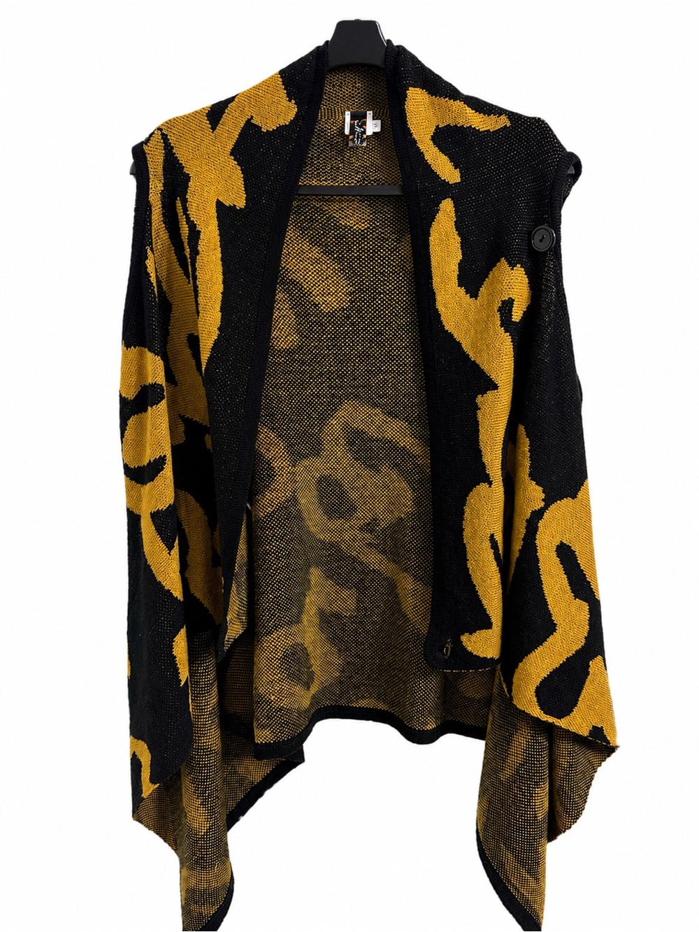 Circus Moda Black Mustard Abstract Knit Convertible Poncho Cardigan Lagenlook OS
